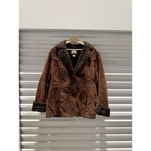 St Johns Bay Womens Brown Suede Leather Faux Fur Trim Jacket Coat‎ Size Large